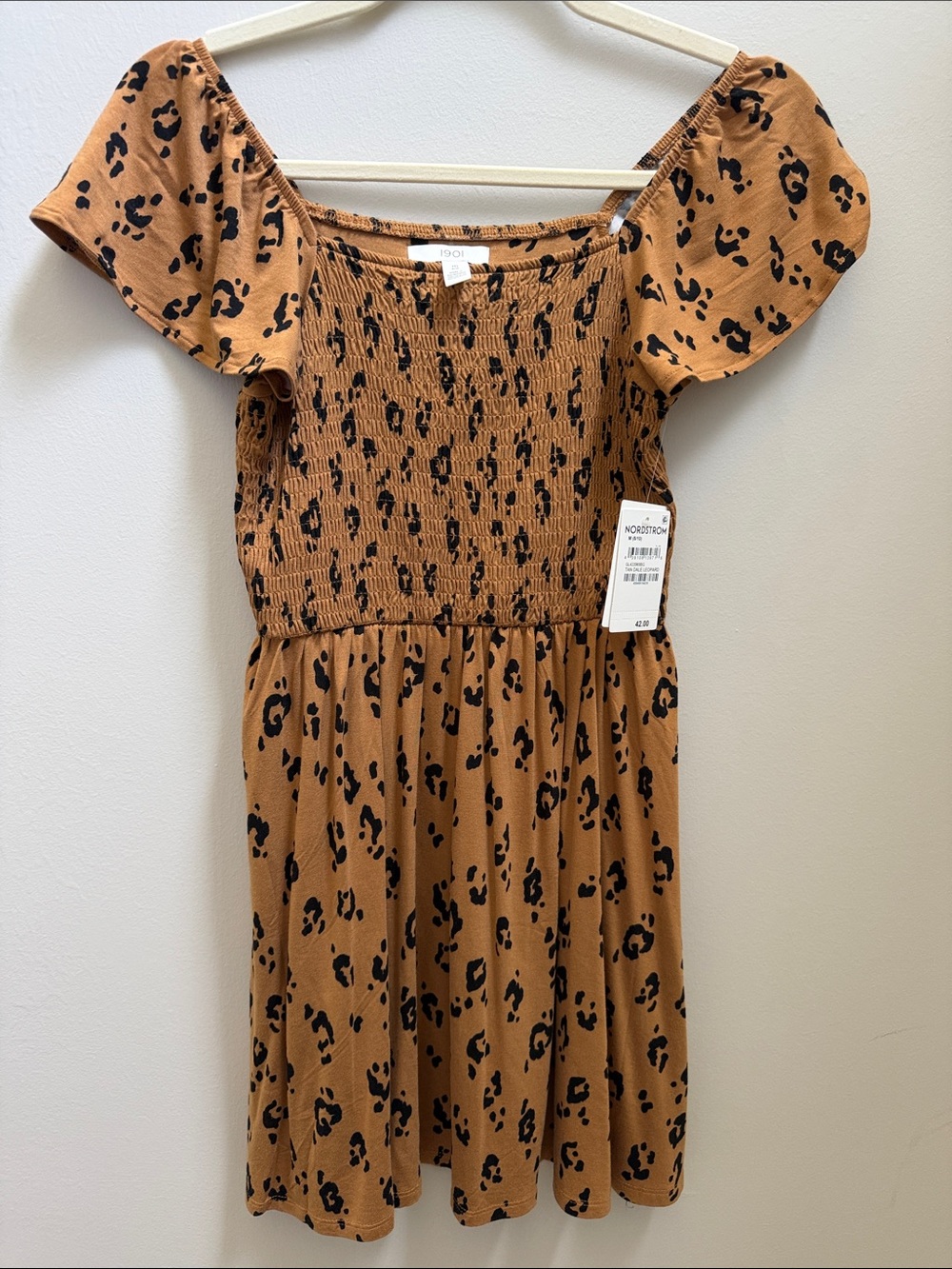 NWT 1901 Girls' Tan Leopard Print Smocked Flutter Sleeve Dress Sz 8/10